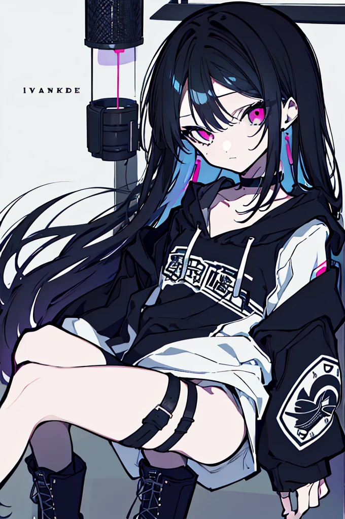 {{masterpiece}}, The best quality of life,、((Black long hair、Inside is blue、))、(Pink Eyes)、big black earrings、Black choker、Beautiful details in the eyes、White background、Anime characters、((Black tube top、hot pants、Punk Fashion、Long sleeve hoodie、Black short boots、Knee socks)、(Expressionless girl)、(White background)、((16-year-old girl))