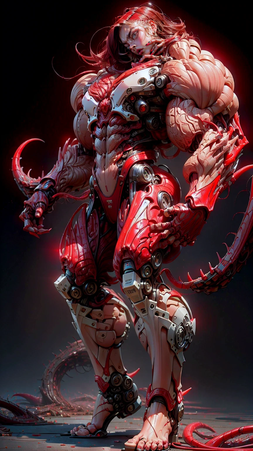 (beautiful girl:1.25), (megan fox:1.25), (young bodybuilder girl wearing cybernetic muscle suit:1.25), carnage muscular physique, seductive face, mouth wide open carnage style, long red hair, perfect muscular body, super skinny legs, sissy, femboy, (carnage style physique)
