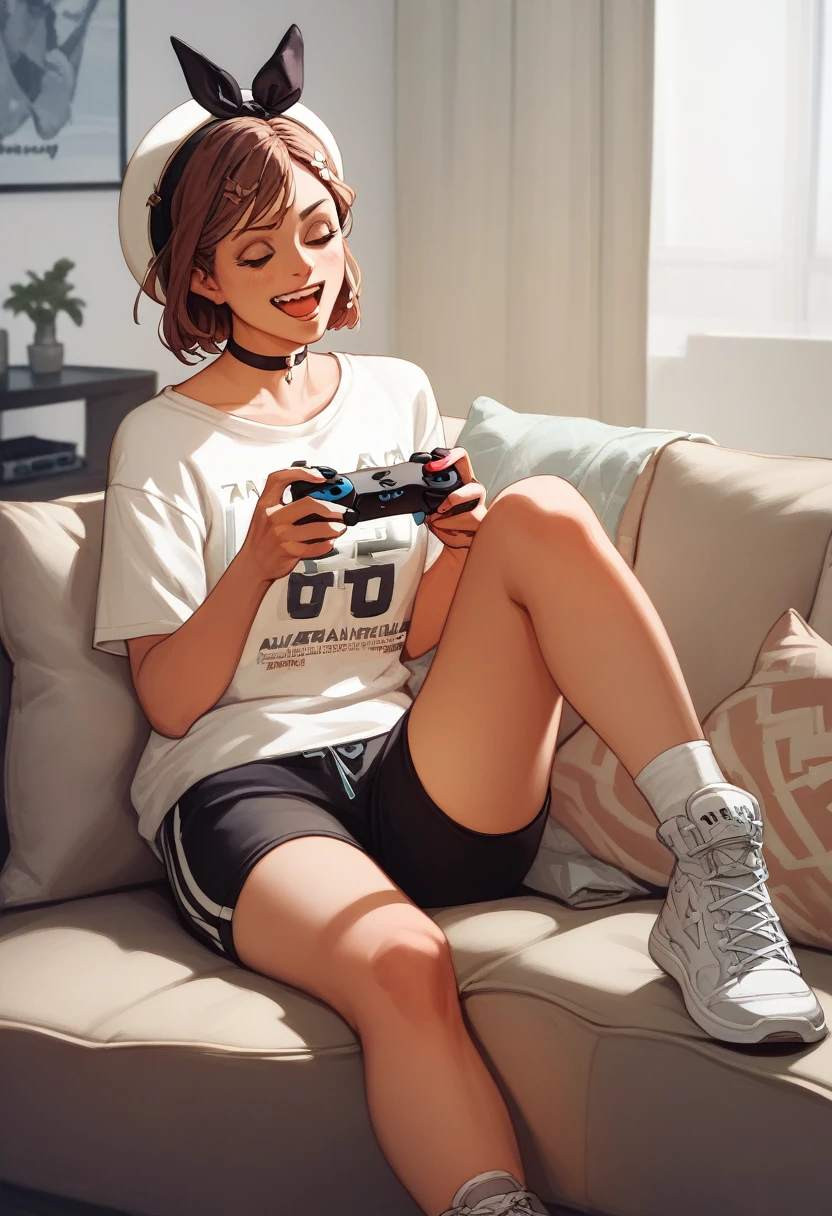 score_9, score_8_up, score_7_up, score_6_up, score_5_up, score_4_up
reisalin stout, choker, beret, streetwear, techwear, fashion,
playing games, playstation controller, excited, sitting, couch, living room