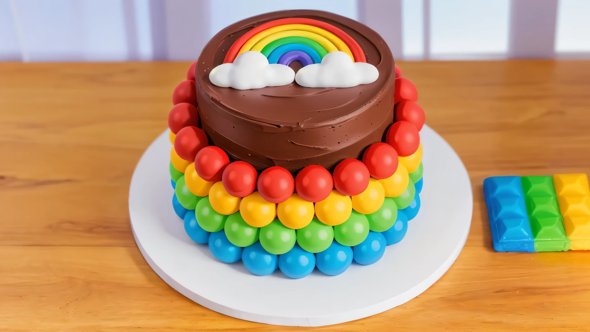 on a wooden table, on a white plate, a chocolate cream cake, candy candies around the cake, a cloud and a rainbow made of polymer clay on the cake, window light, bright lights, soft light, window light, professional lighting, light from the window, neat light, realistic texture, realistic style, detailed texture, high quality, high resolution, high quality rendering, realistic photo, brightning light, macro photo