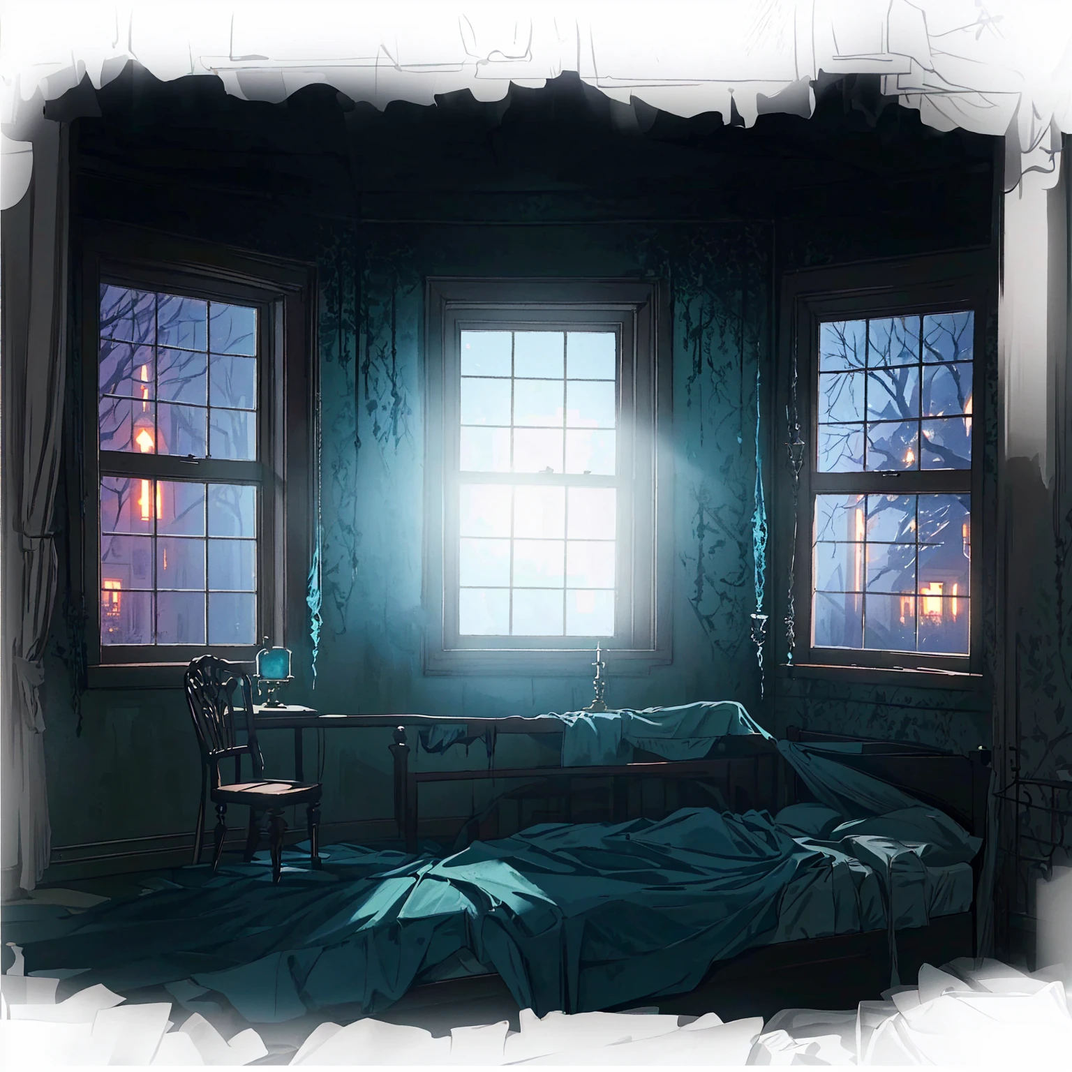 There is a bed in the room，There are two windows， Spooky room,Suspenseful and weird room，Anime style，Fifth Personality， photorealistic dark Concept Art, Spooky room, eerie nostalgic Concept Art, Horrifying Room, Dramatic Lighting. Concept Art, resident evil virus Concept Art, in a darkly lit laboratory room, Interior of the post-apocalyptic room, Haunted House, Scenes