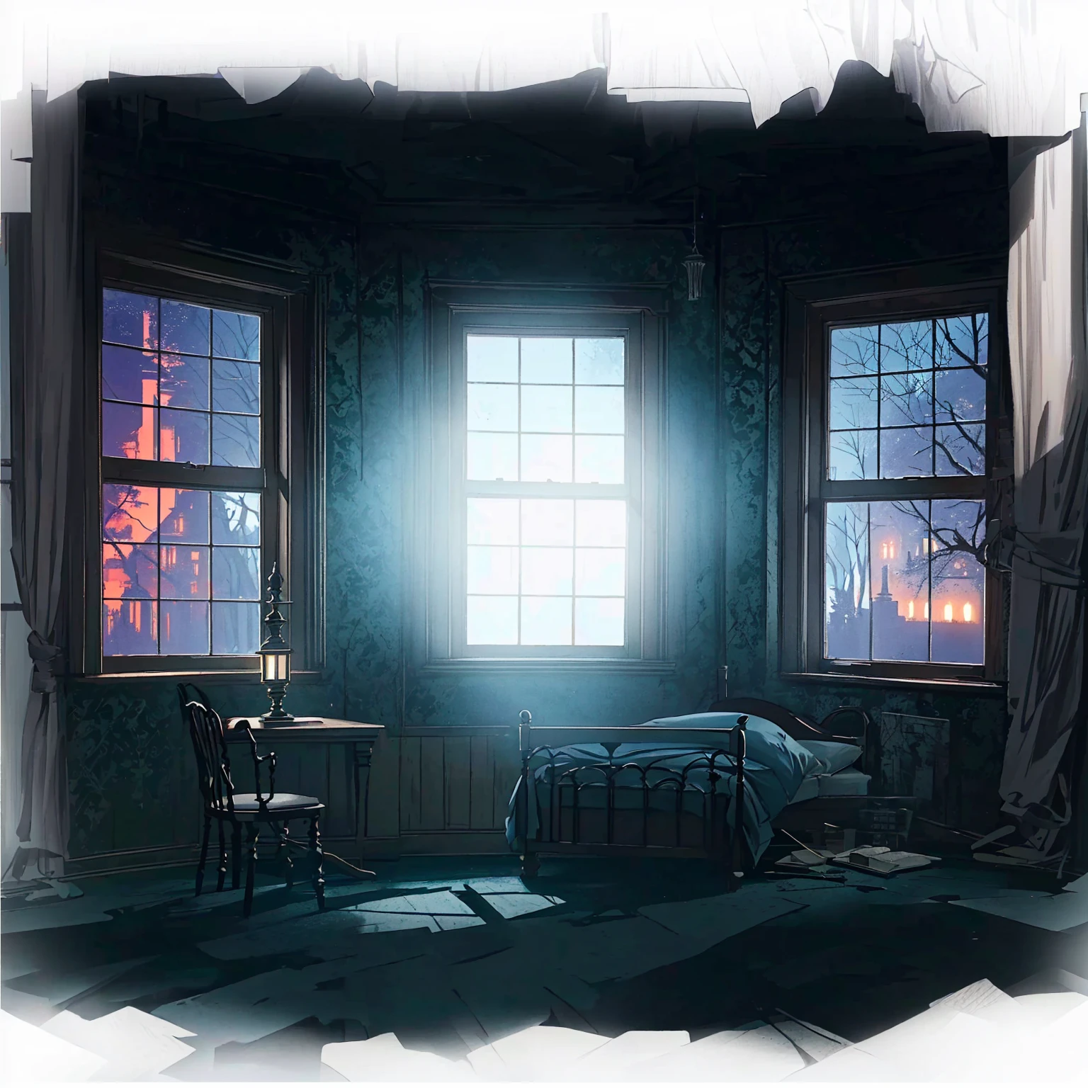 There is a bed in the room,There are two windows, Spooky room,Suspenseful and weird room,Anime style,Fifth Personality, photorealistic dark Concept Art, Spooky room, eerie nostalgic Concept Art, Horrifying Room, Dramatic Lighting. Concept Art, resident evil virus Concept Art, in a darkly lit laboratory room, Interior of the post-apocalyptic room, Haunted House, Scenes