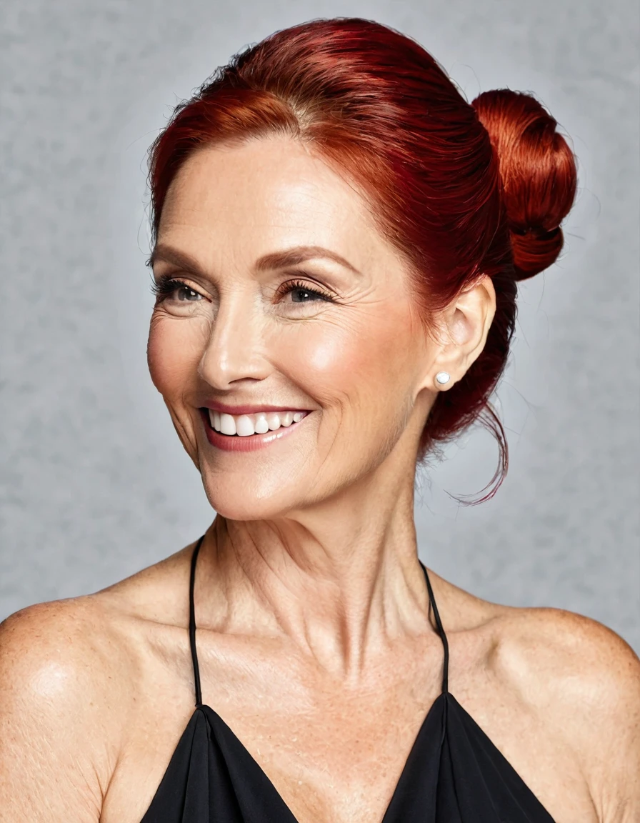 Low Chignon bun and smiling woman over 40 with red hair. Woman should be attractive