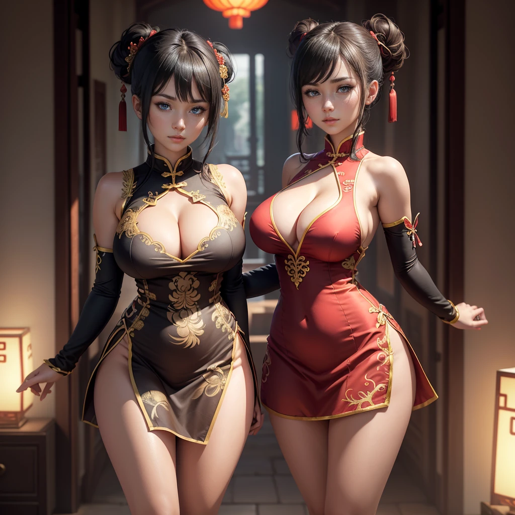Highly detailed CG unit 8k wallpaper, masterpiece, High resolution, highest quality, highest quality real texture skin, Super Real, Digital Painting, Best image quality, 最High resolution, 8k, (((1 girl))), Very beautiful ager, ((Highly detailed eyes and face)), Beautiful eyes in every detail, (Full Body Shot), dark persona, (bare shoulders, china dress, chinese clothes, short dress, cleavage cutout, sideboob, thighs, chinese style embroidery, ), gigantic breasts, sagging breasts, disproportionate breasts, huge breasts, sagging breasts, curvy,