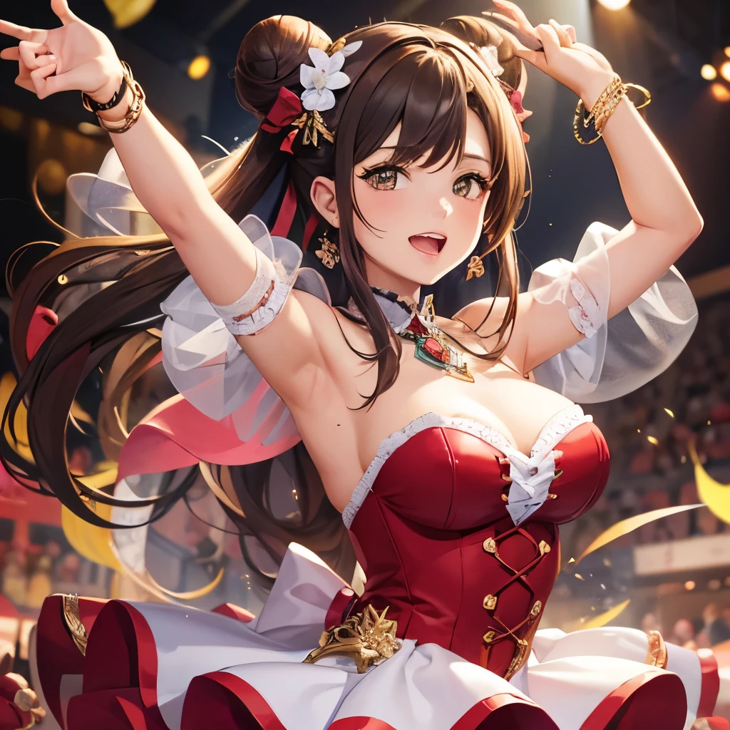 Top quality, ample limbs, perfect fingers, slender beauty, twin-tailed bun hairstyle, brown hair, Deresute, idol costume, beautiful large breasts, live stage, singing