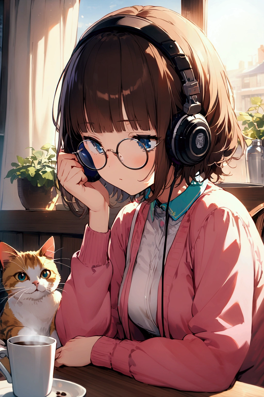 (extremely detailed fine touch:1.3), pastel collar, (((semi-rimless round eyewear:1.3))), (headphone:1.2), short hair, blunt bangs, 1 girl, In the morning, there is a bright morning sun drinking coffee at the dining table, and there is a cat.