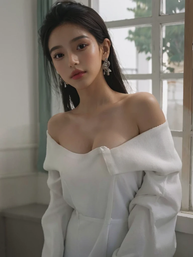 better quality, masterpiece, ultra high resolution, (realistic: 1.5), raw photo, 1 woman, off shoulder, in the dark, deep shadows, providential, cold light, sexy look, Short hair, new