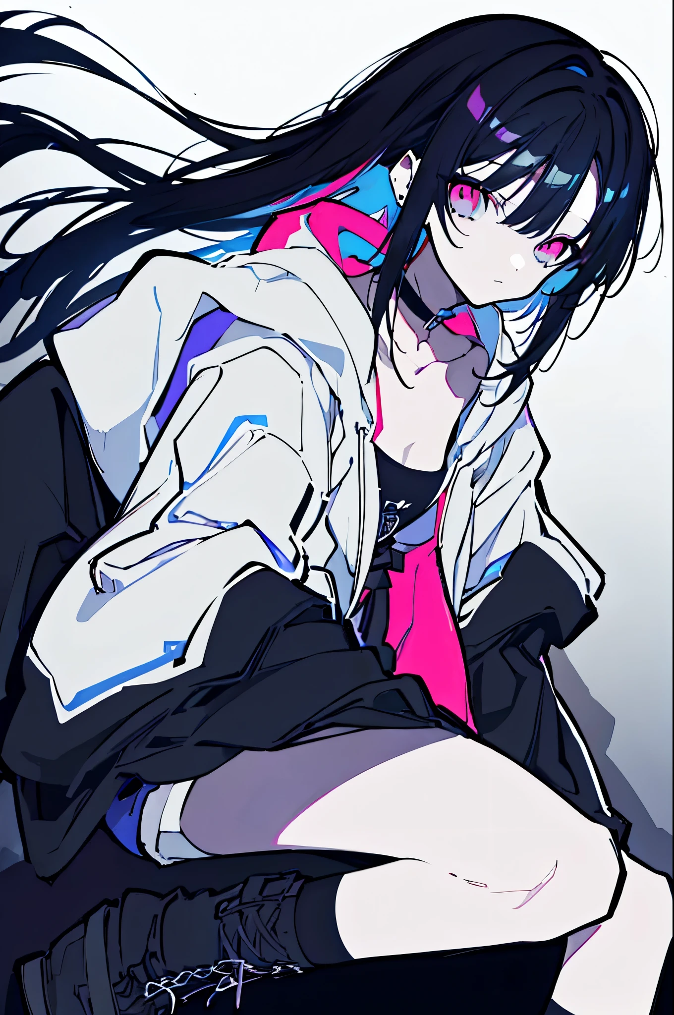 {{masterpiece}}, The best quality of life,、((Black long hair、Inside is blue、))、(Pink Eyes)、big black earrings、Black choker、Beautiful details in the eyes、White background、Anime characters、((Black tube top、hot pants、Punk Fashion、Long sleeve hoodie、Black short boots、Knee socks)、(Expressionless girl)、(White background)、(())