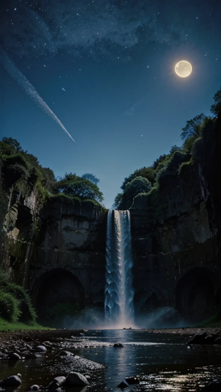 Waterfall with a bright moon up above the sky. Nighttime.