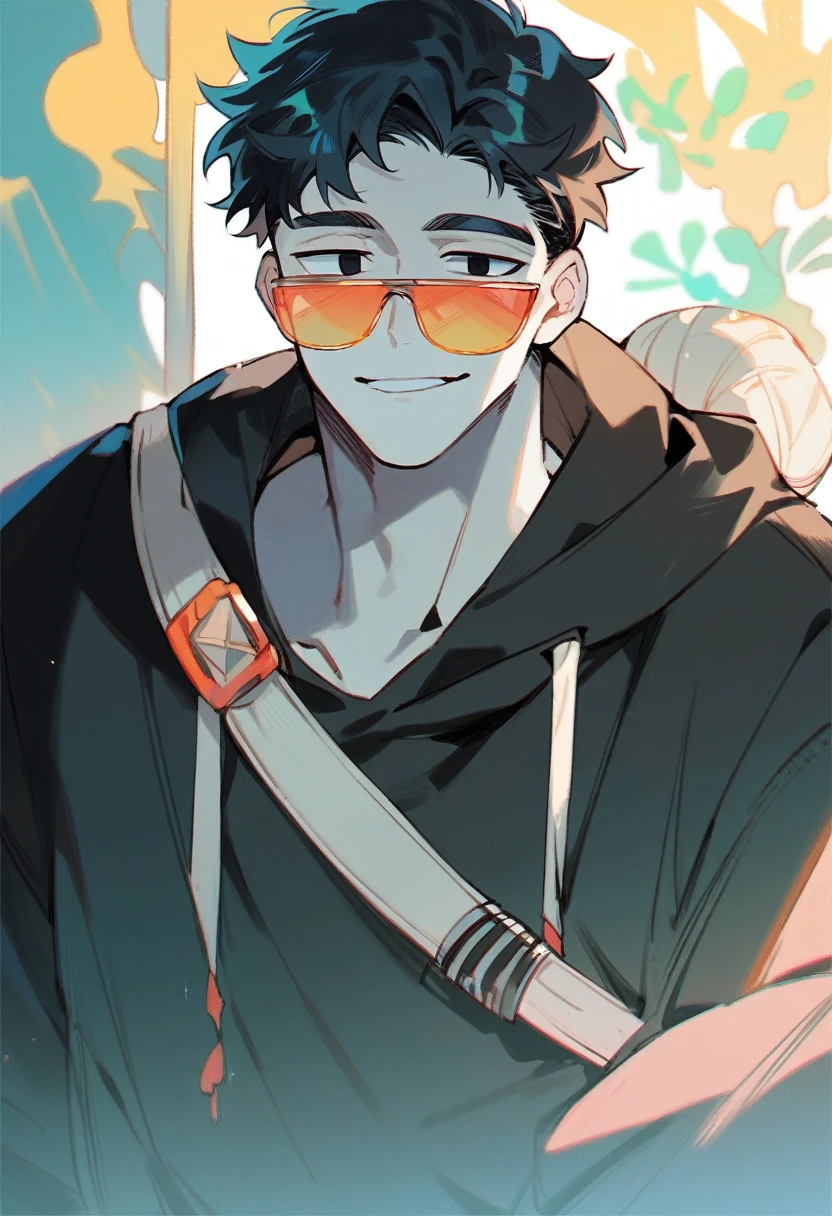 1 boy, black hair large shoulder tied in a man bun , black eyes, clear skin, place sunglasses black over your eyes, hoodie, smiling