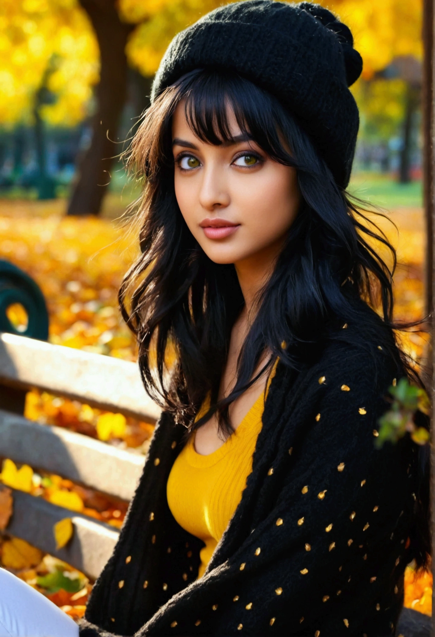 Beautiful Bollywood supermodel woman with a , black hair, bangs, twintail, widest waist, fitting breasts, curvy accentuated booty, sparkling olive-green eyes, long eyelashes, thick thighs, Strong calves, smirk, taniaayusiregar, She wears a black wool cardigan, yellow shirt, white jeans, brown belt, black beanie, she waits in a park, photorealistic, Masterpiece, bokeh, Volumetric lighting, Fall season atmosphere, uhd, masterpiece, highest quality