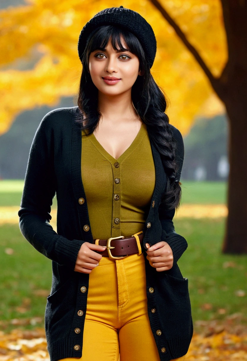 Beautiful Bollywood supermodel woman with a , black hair, bangs, twintail, widest waist, fitting breasts, curvy accentuated booty, sparkling olive-green eyes, long eyelashes, thick thighs, Strong calves, smirk, taniaayusiregar, She wears a black wool cardigan, yellow shirt, white jeans, brown belt, black beanie, she waits in a park, photorealistic, Masterpiece, bokeh, Volumetric lighting, Fall season atmosphere, uhd, masterpiece, highest quality