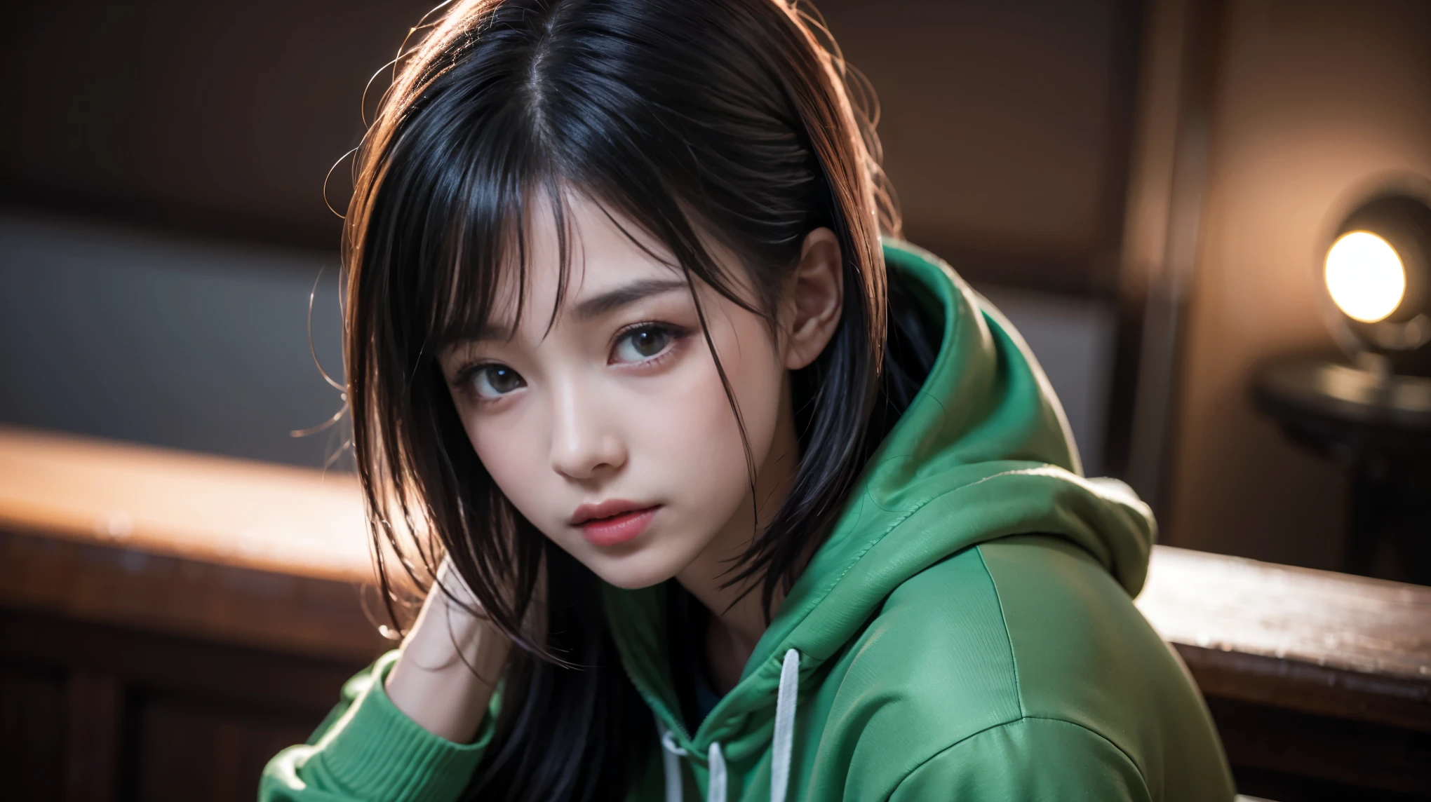 Soft lighting like in a movie、A close-up of Tati Gabrielle in a green hoodie、Incredibly detailed and ultra-realistically lit。, Mortal Kombat11, Mortal Kombatのジェイド, Mortal Kombat, MK Ninja, Wearing green armor and helmet, Akali, Take off, Trending on ArtStation. Octane、The perfect tool to capture the softest details of this 16k photography masterpiece.。