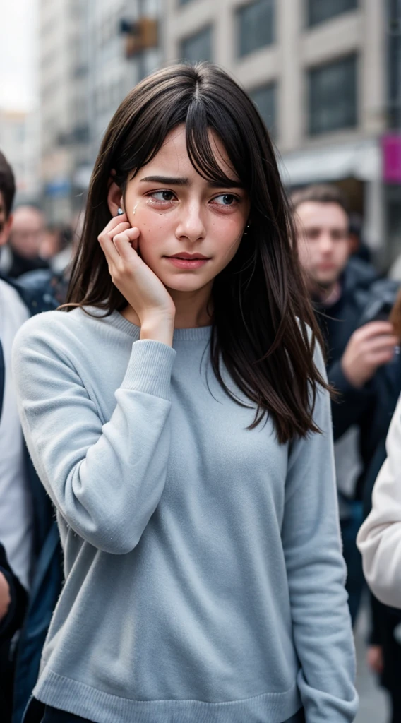 a young woman crying, with a blurred background full of people