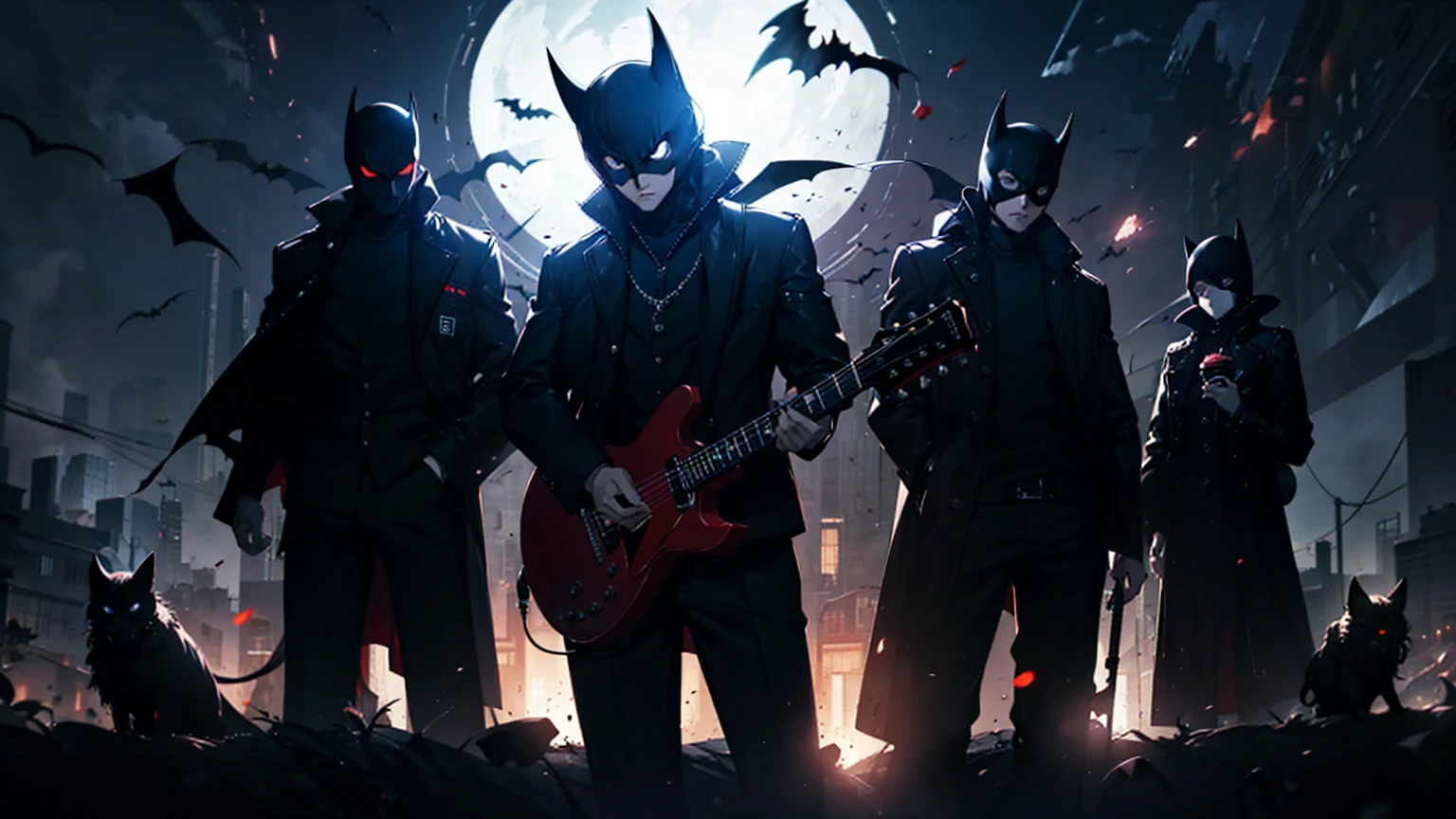 Batman and friends playing guitar in a dark city, Amazing anime 8k, Great composition, Persona 5 Art Style wlop, Background artwork, Dark high contrast concept art, Persona 5 Art Style, Guitar concept art, Official Fan Art, high detailed Official artwork, Official Fan Art, Official artwork, Omens from Valorant, Jaza and Lost Rose