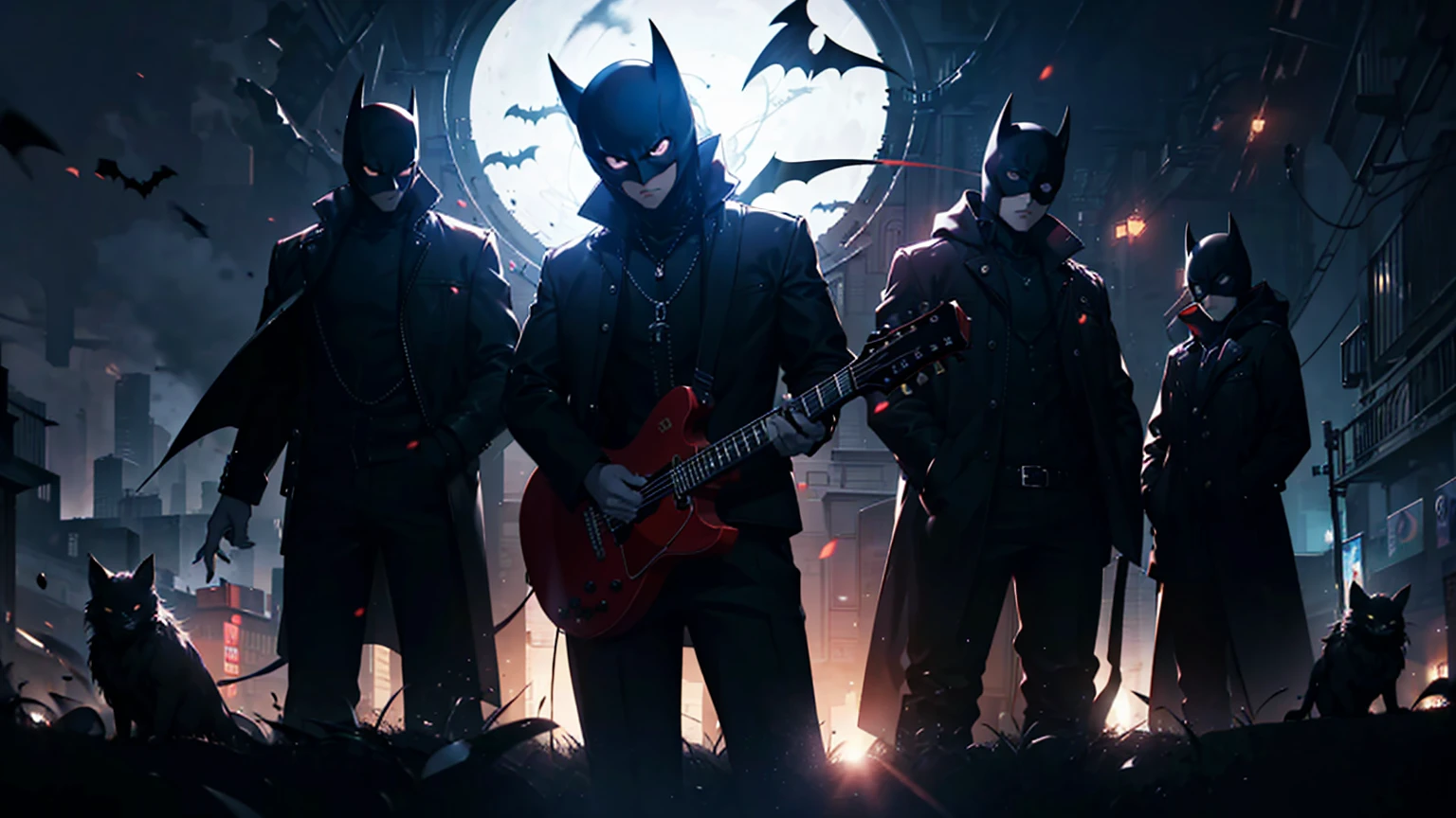 Batman and friends playing guitar in a dark city, Amazing anime 8k, Great composition, Persona 5 Art Style wlop, Background artwork, Dark high contrast concept art, Persona 5 Art Style, Guitar concept art, Official Fan Art, high detailed Official artwork, Official Fan Art, Official artwork, Omens from Valorant, Jaza and Lost Rose