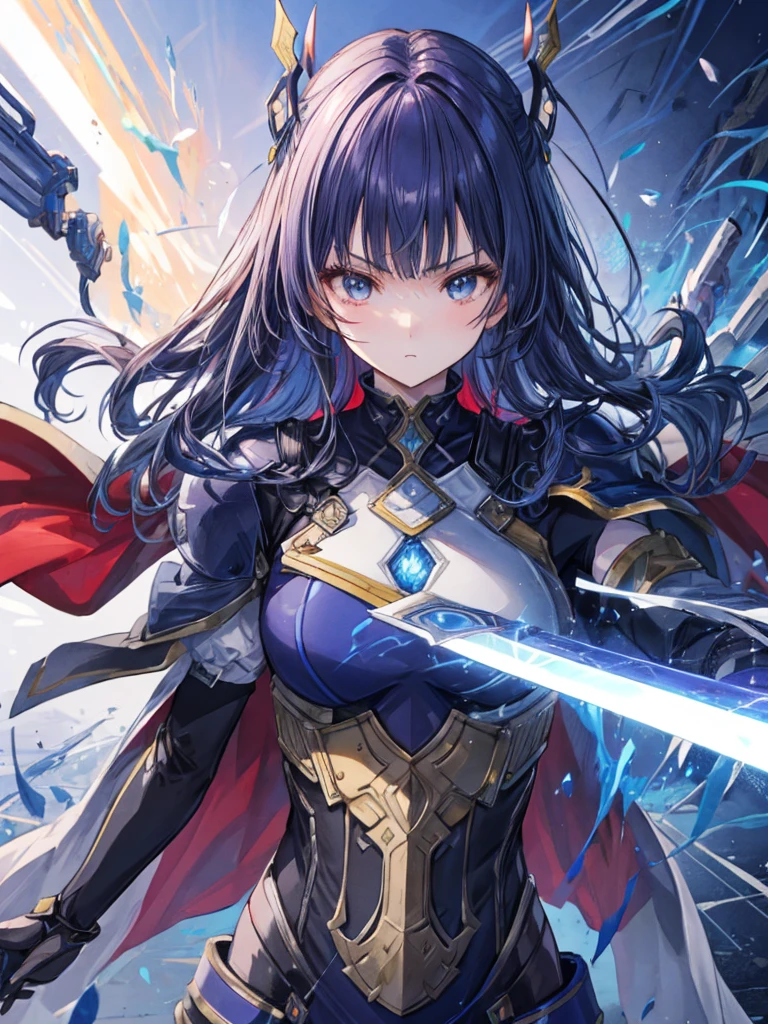 Upper Body (Bottom to top perspective angle) Super Heroine Hot Girl (masterpiece), Highest quality, Expressive eyes, Perfect Face, Art of Fantasy Mythical Action Effects, Sharp focus, Wearing an extremely detailed suit with mechanical parts & Hero Cape, Cyber Samurai, Shine, Holding a sword
