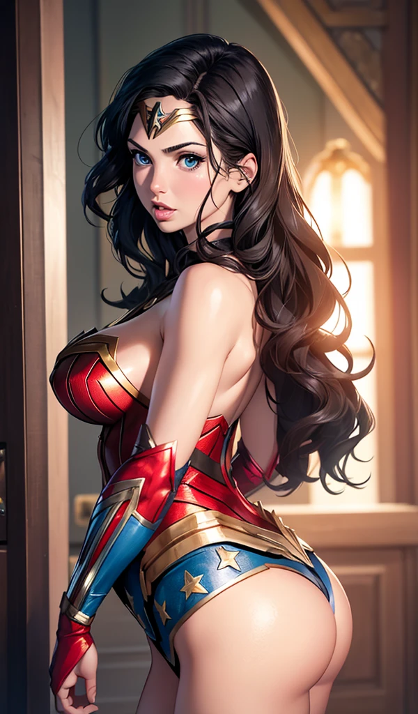 The character Wonder Woman, with features of actress Gal Gadot, upturned , bright blue eyes, beautiful mouth and big lips, back upwards angle view