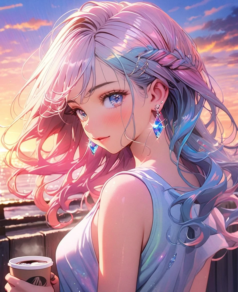 8K,gal,an extremely delicate and beautiful,Beautiful and realistic skin,Shiny jewel-like earrings,Long colorful hair,beautiful eyes,tanktop,drink coffee, beautiful sunset
