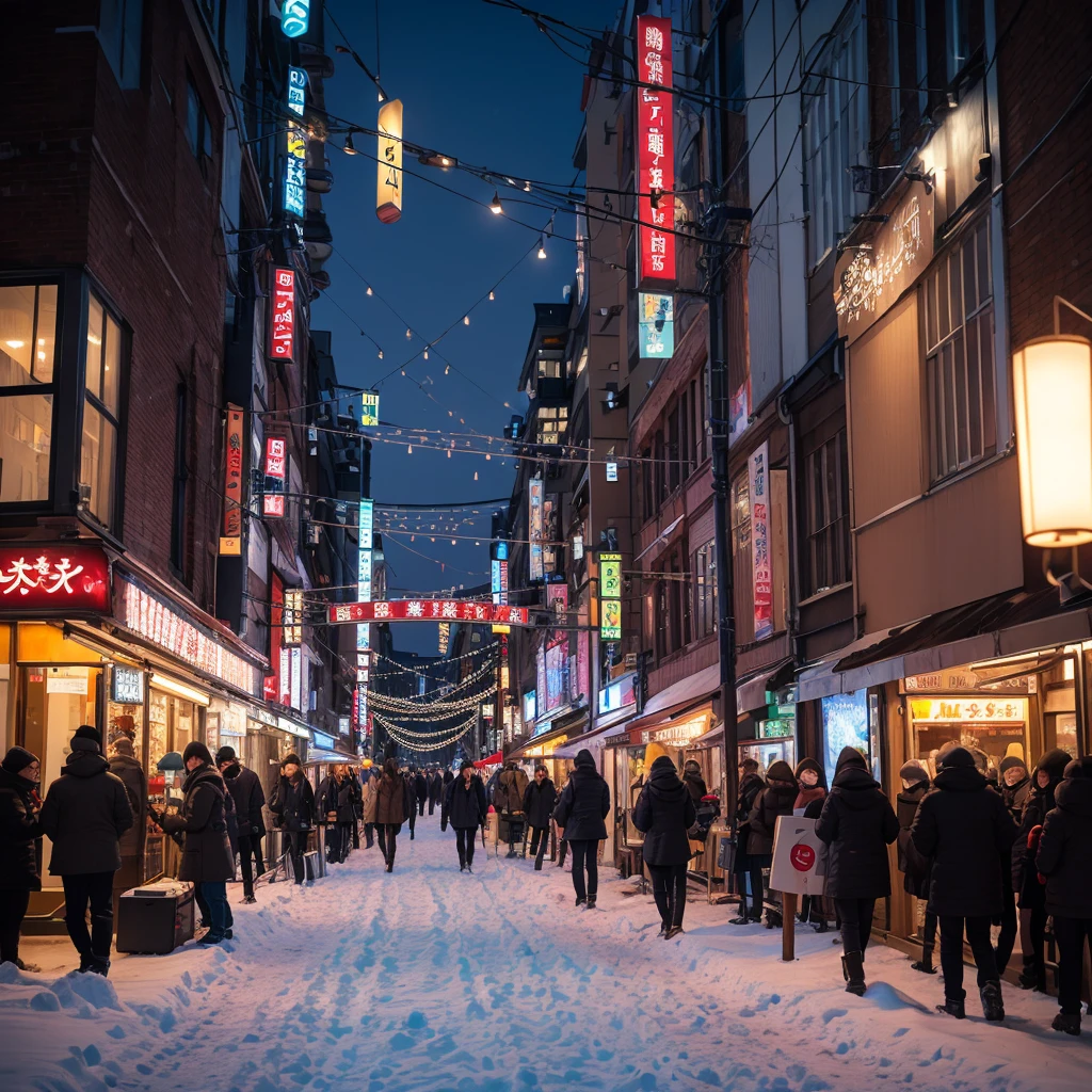 (unmanned), unmanned, no one, landscape, winter, Christmas, city, Tokyo, Sidewalk, snow, light up, night, HD detailed, Super detailed, movie, Hyperrealism, Soft Light, Deep focus bokeh, Ray Tracing, Art Station pixivgwise, Makoto Shinkai, ArtJam
