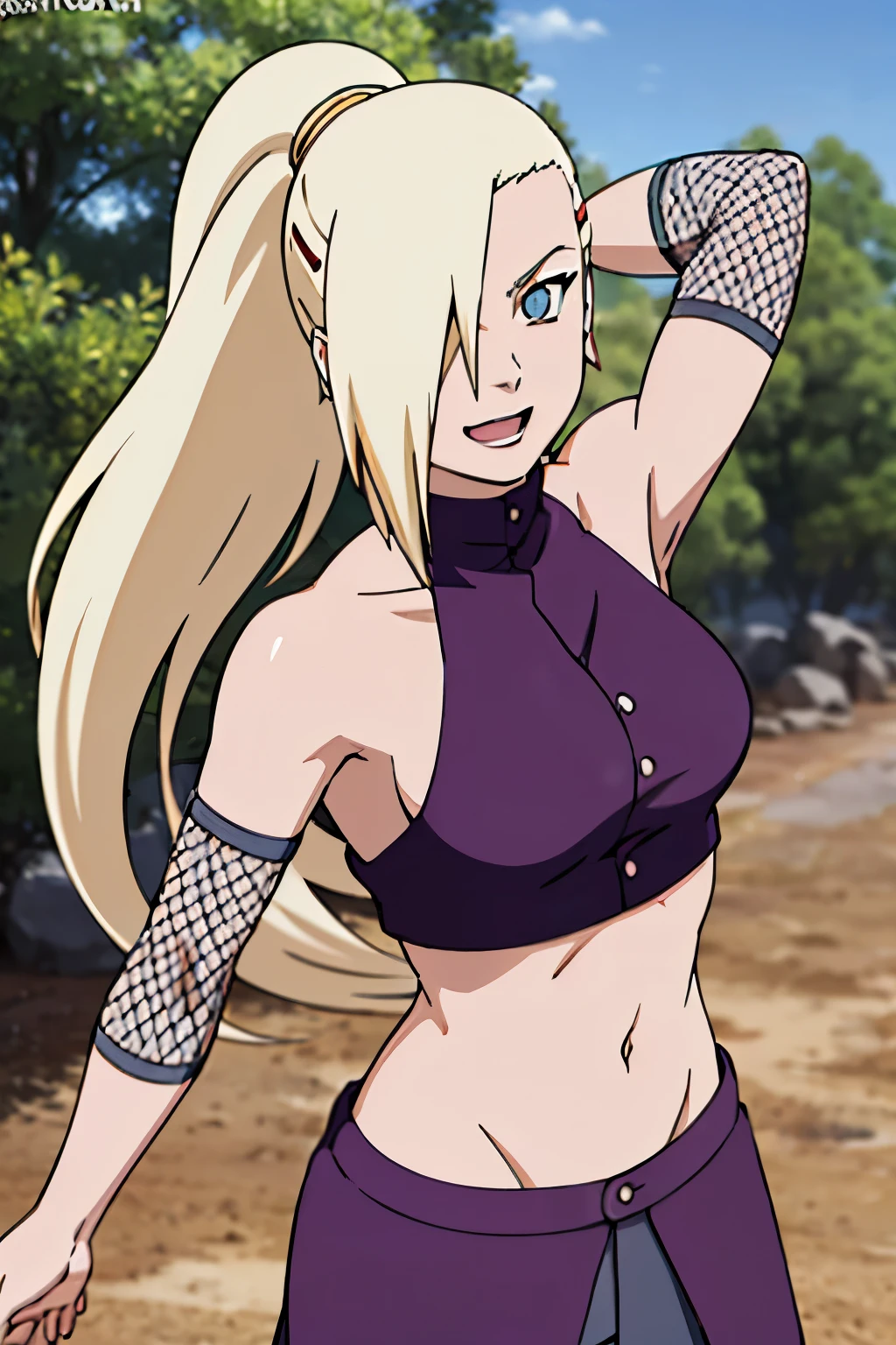 (posing for viewer), Ino yamanaka, looking at the viewer, gorgeous, attractive, groin, cowboy shot, ultra detailed face, sunny day, day time, upper body view, anime style, solo, detailed desert, blonde, (focus on face), ((one eye covered with hair, hair over eye)), medium breasts, belly button, looking at the viewer, thick arms, (off-shoulders, wide shoulders, curving body), hidden eye, smile, open mouth, very happy, tall, hair clip, sharp look, sharp face, sharp eye, cold colors,