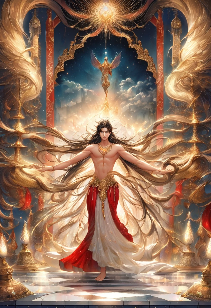 A captivating scene set in the ethereal realm of Swarg Lok, where a 20-year-old boy, with the grace and allure of an Indian apsara, performs the sacred Tandav dance before the mighty deity Indra. His long hair, meticulously styled to cascade down his back like a waterfall of raven silk, is adorned with fragrant flowers and delicate strands of pearls that shimmer under the heavenly light. His face, a harmonious blend of masculine and feminine beauty, is painted with exquisite make-up that accentuates his high cheekbones and full, rosy lips. A pair of striking blue eyes, a rarity among the divine beings, peer out from beneath long, curled lashes, hinting at the youthful charm that lies beneath the guise of the celestial dancer. He wears a vibrant red bra-type blouse that clings to his torso, revealing just the right amount of skin to showcase the intricate mehndi designs that swirl up his arms like a tapestry of love and devotion. Around his waist is a mini skirt-style drape of a traditional Indian sari, which flutters with each precise movement of his dance, revealing flashes of gold and red fabric as he leaps and twirls. The garment is tied in a way that allows for the freedom of movement required for the Tandav, and the fringes are embroidered with glittering sequins that catch the light with every step. His slender legs, which seem to defy gravity as he dances, are revealed through the openings of the skirt, encased in sheer fabric that adds an air of mystery to his performance. His bare feet, sturdy yet elegant, strike the marble floor with the confidence of a seasoned dancer, echoing the rhythmic beats of the celestial drums. Indra, the king of gods, watches from his throne with a mix of admiration and curiosity, his eyes reflecting the sparkle of the diamond studded necklace that adorns his neck. The backdrop of the image is a breathtaking panorama of clouds and opulent palaces, with heavenly beings and mythical creatures looking on from the sidelines, all enve