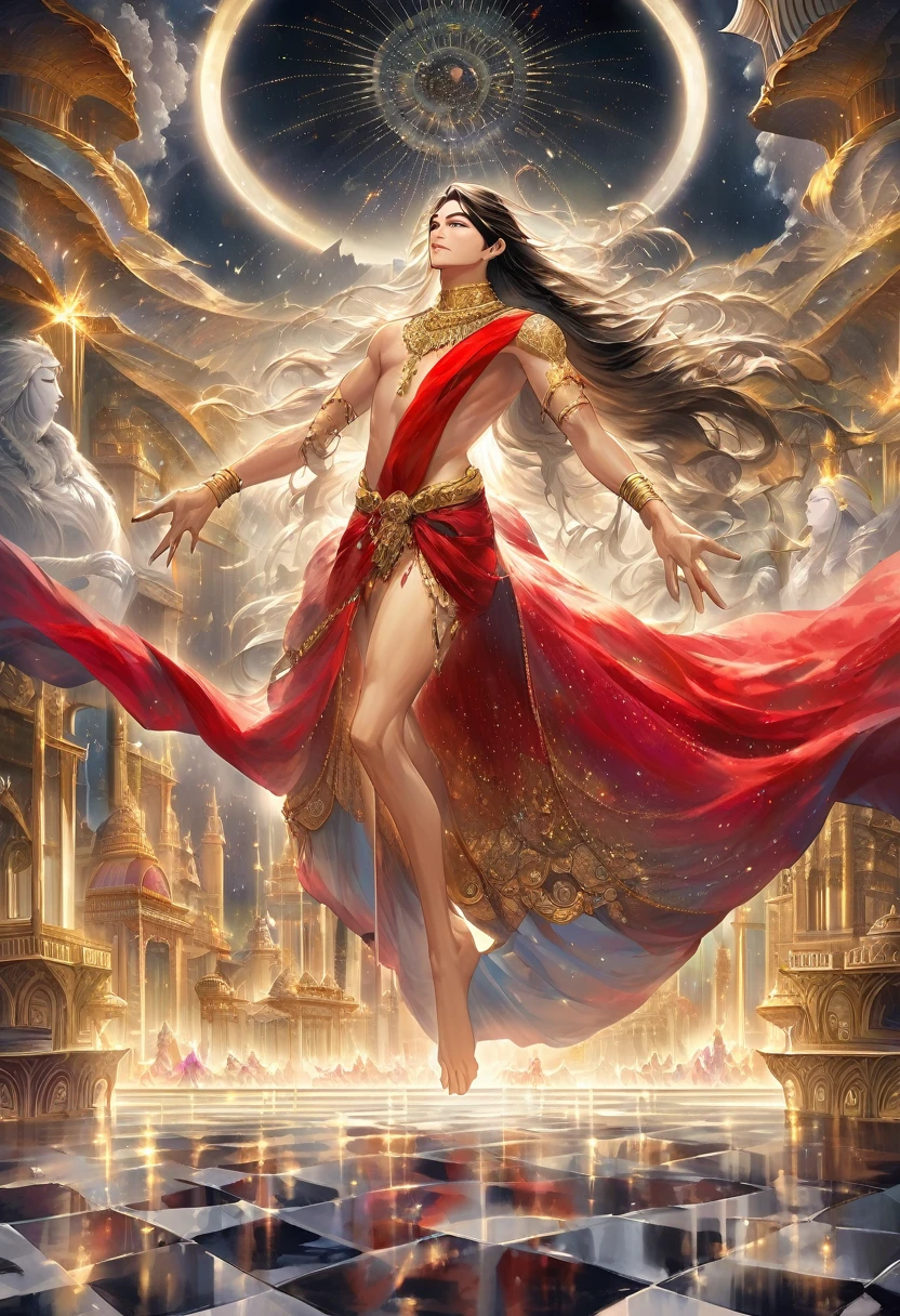 A captivating scene set in the ethereal realm of Swarg Lok, where a 20-year-old boy, with the grace and allure of an Indian apsara, performs the sacred Tandav dance before the mighty deity Indra. His long hair, meticulously styled to cascade down his back like a waterfall of raven silk, is adorned with fragrant flowers and delicate strands of pearls that shimmer under the heavenly light. His face, a harmonious blend of masculine and feminine beauty, is painted with exquisite make-up that accentuates his high cheekbones and full, rosy lips. A pair of striking blue eyes, a rarity among the divine beings, peer out from beneath long, curled lashes, hinting at the youthful charm that lies beneath the guise of the celestial dancer. He wears a vibrant red bra-type blouse that clings to his torso, revealing just the right amount of skin to showcase the intricate mehndi designs that swirl up his arms like a tapestry of love and devotion. Around his waist is a mini skirt-style drape of a traditional Indian sari, which flutters with each precise movement of his dance, revealing flashes of gold and red fabric as he leaps and twirls. The garment is tied in a way that allows for the freedom of movement required for the Tandav, and the fringes are embroidered with glittering sequins that catch the light with every step. His slender legs, which seem to defy gravity as he dances, are revealed through the openings of the skirt, encased in sheer fabric that adds an air of mystery to his performance. His bare feet, sturdy yet elegant, strike the marble floor with the confidence of a seasoned dancer, echoing the rhythmic beats of the celestial drums. Indra, the king of gods, watches from his throne with a mix of admiration and curiosity, his eyes reflecting the sparkle of the diamond studded necklace that adorns his neck. The backdrop of the image is a breathtaking panorama of clouds and opulent palaces, with heavenly beings and mythical creatures looking on from the sidelines, all enve
