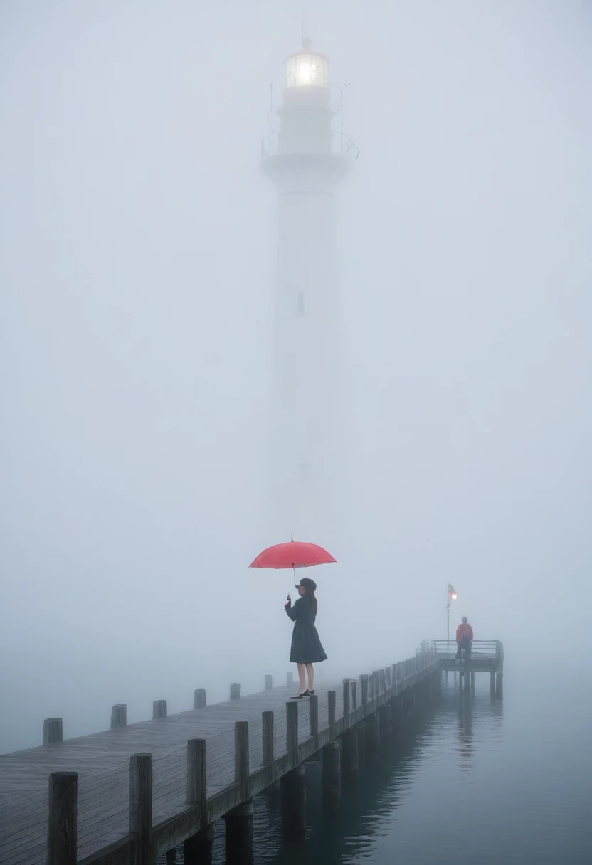 girl,짧은 middle 머리. cool,rain,blur,Fog,middle,cool,boring,,pier,only,lighthouse,Coast, The dim light shines in the Fog,and the figure stands in the Fog holding an umbrell