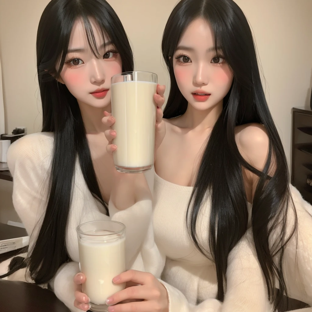 Beautiful Japanese girl, plump body, beautiful mother, big breasts, big ass, holding a glass of milk. in the bedroomไม่ใส่กางเกง 