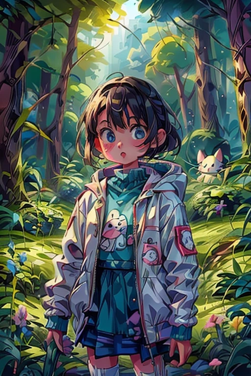 children girl forest with a white jacket with a Hello Kitty design, bitter expression, staring straight ahead