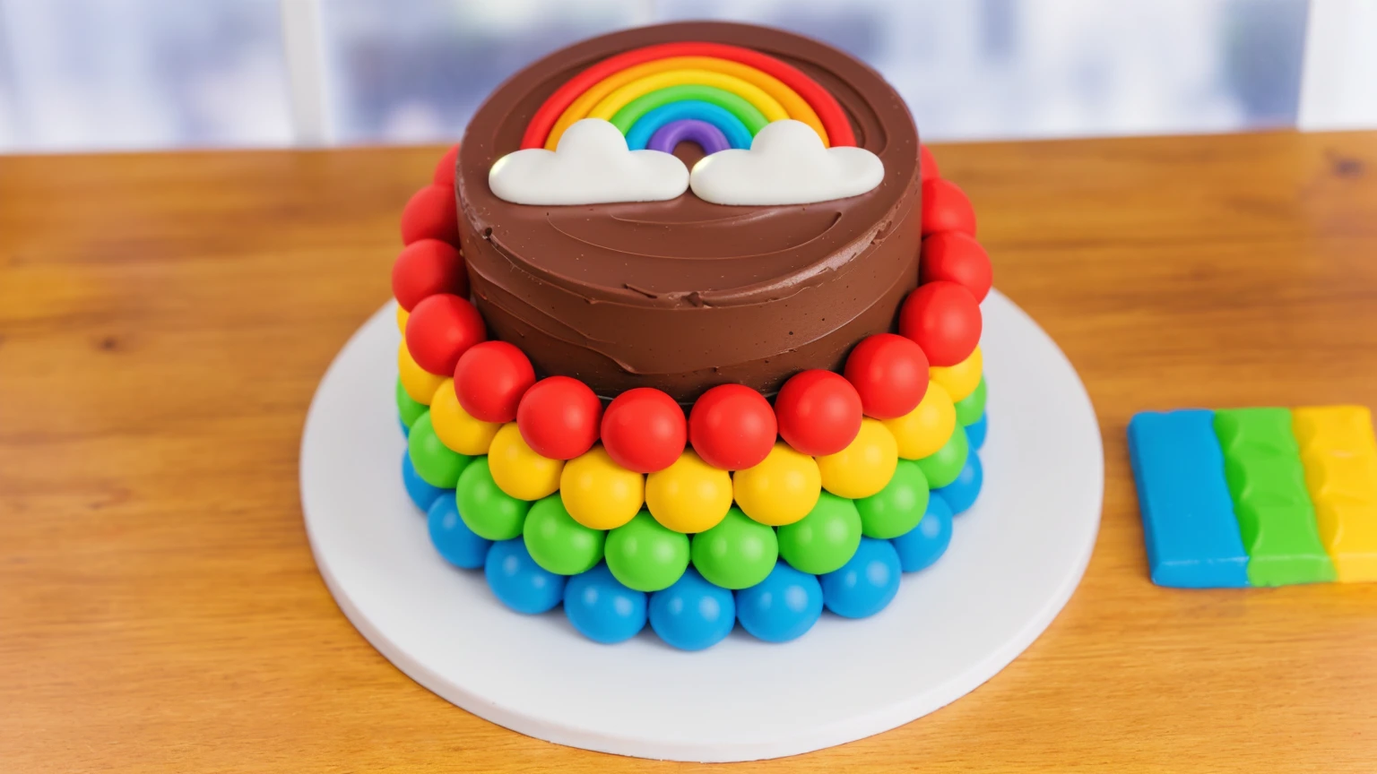 on a wooden table, on a white plate, a chocolate cream cake, candy candies around the cake, a cloud and a rainbow made of polymer clay on the cake, window light, bright lights, soft light, window light, professional lighting, light from the window, neat light, realistic texture, realistic style, detailed texture, high quality, high resolution, high quality rendering, realistic photo, brightning light, macro photo