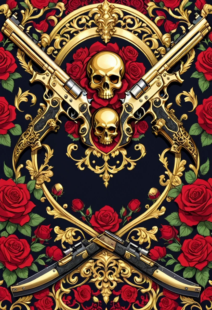 A dark and intense t-shirt design featuring intricate baroque patterns interwoven with skulls, roses, and weapons like gold-plated guns and knives. Use rich colors like deep red, black, and gold. Add metallic accents and highlights to emphasize opulence and power.
