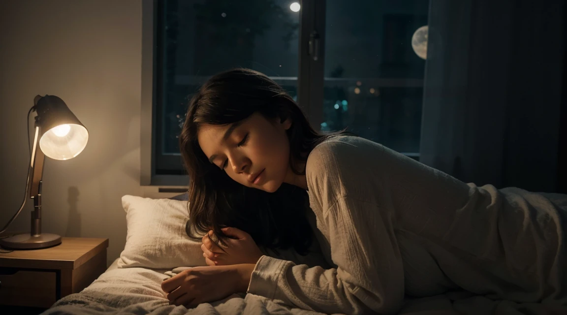 Imagine something soft, Soothing illustration of a beautiful girl sleeping in a comfortable bed, close your eyes, Black pajamas. The room is plunged into darkness, Except for the soft light emanating from the bedside lamp near the bed, It casts a warm glow on her peaceful face. Through a half-open window, Starry night spreads, full moon, Create a magical contrast between the peaceful interior and the mysterious outside world. A curtain of light moves faintly in the night breeze, Add a touch of movement to this quiet scene.