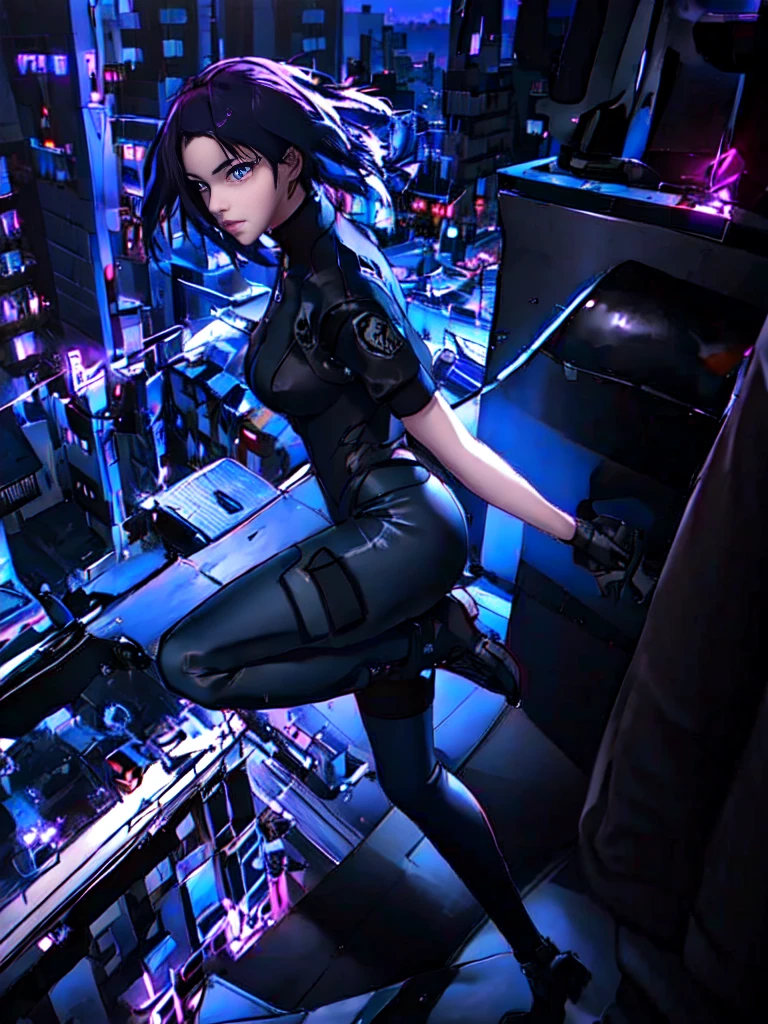 Night city background、neon、Absurd, Highest quality, One girl, alone, View your viewers, Eye focus, motoko_Kusanagi, Black jacket