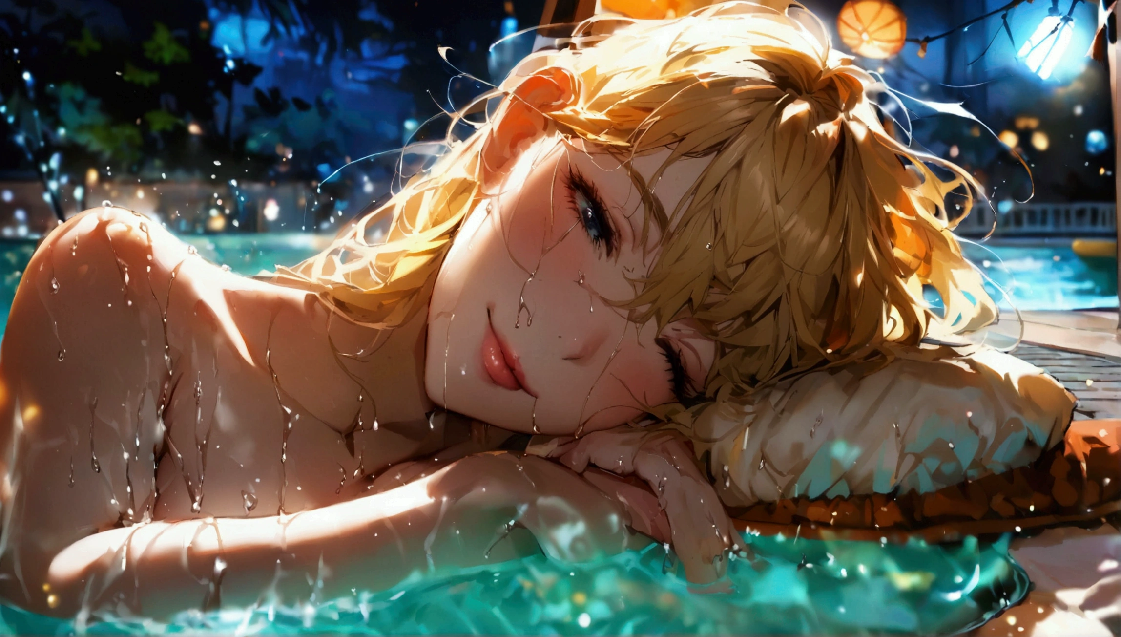 Tabletop, Highest quality, shape, Very detailed, In detail, High resolution, 8k wallpaper, Perfect dynamic composition, Beautiful attention to detail, ,Medium Hair、Natural color lips, Bold sexy pose,((One blonde-haired 20-year-old girl))、Small underwear、Big Breasts、Big Ass、night、Torchlight、Sleeping in a poolside chair、smile、cute、sexy shot looking at camera、