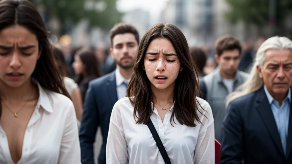 a young woman crying, with a blurred background full of people