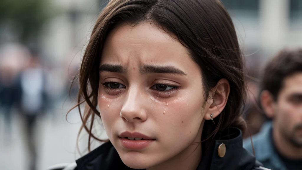 a young woman crying, with a blurred background full of people
