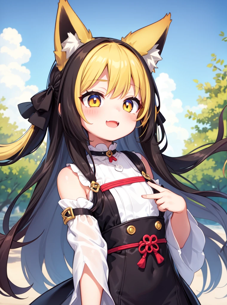 , , 1 girl, black hair, very long hair, yellow hair tips, cute, beautiful, fox tail, fox ear, (masterpiece), (best quality), (ultra-detailed), Her soft skin, sky flower, Cute

((masterpiece, best quality)), ((1girl, solo), cute, cheerful, dynamic angle, outdoors, 