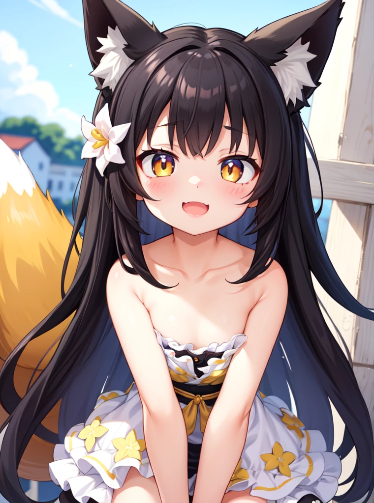 , , 1 girl, black hair, very long hair, yellow hair tips, cute, beautiful, fox tail, fox ear, (masterpiece), (best quality), (ultra-detailed), Her soft skin, sky flower, Cute

((masterpiece, best quality)), ((1girl, solo), cute, cheerful, dynamic angle, outdoors, 