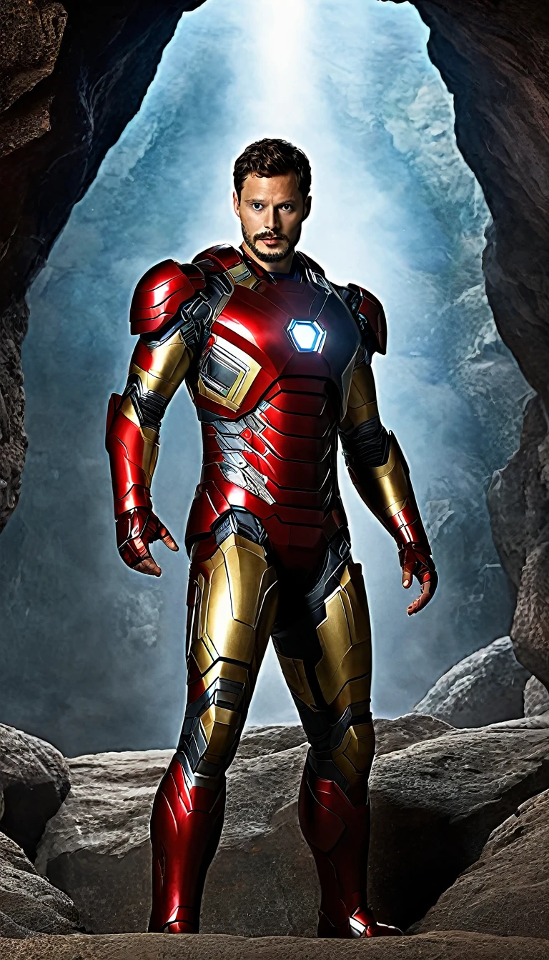 Actor Jamie Dornan, ((best quality)), ((Artwork)), (detailed), high definition image, ultra HD, Marvel movie cover style, actor Jamie Dornan as Marvel's Iron Man, iron Man Marvel, wearing armor red, backdrop behind cave of super hero with combat armor.