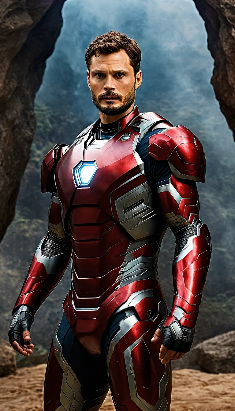 Actor Jamie Dornan, ((best quality)), ((Artwork)), (detailed), high definition image, ultra HD, Marvel movie cover style, actor Jamie Dornan as Marvel's Iron Man, iron Man Marvel, wearing armor red, backdrop behind cave of super hero with combat armor.