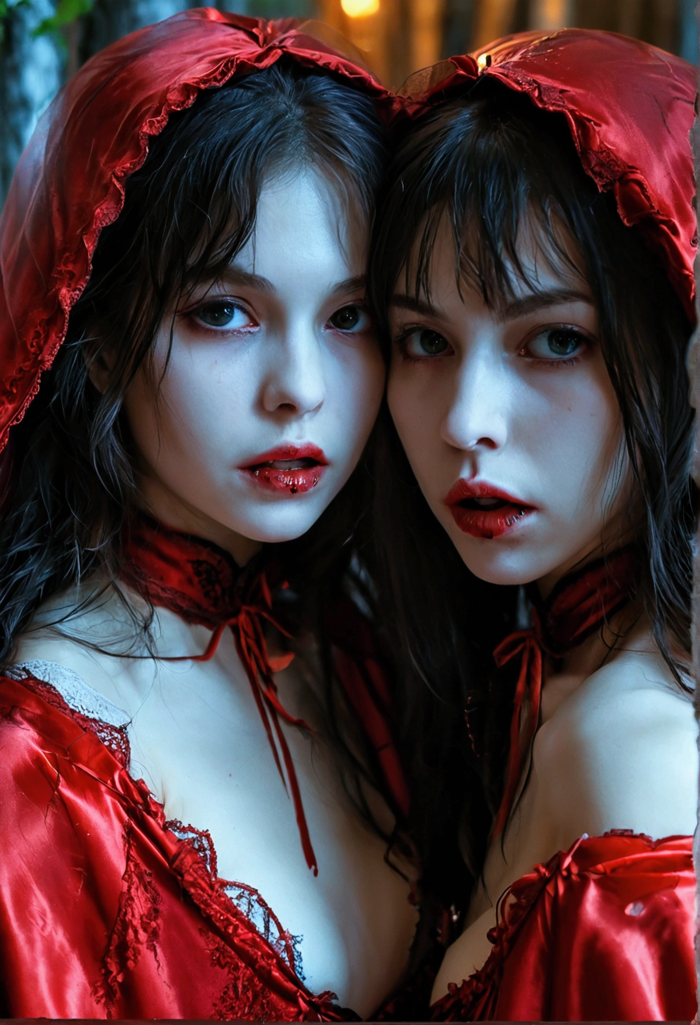 vampire teeth , ((((nighttime))) , 2girls, long hair , RAW photo, high quality, film grain,simple background, presenting, beautiful, (silver and red lined satin cloak tied at the neck:1.20) , ((biting neck:1.20)) , breasts, blood , cum in pussy, big ass, ,biting neck ,clothes lift,bottomless, moonlit graveyard , (2girls,yuri), biting neck, naked pussy