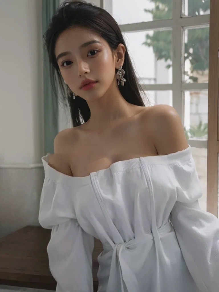 better quality, masterpiece, ultra high resolution, (realistic: 1.5), raw photo, 1 woman, off shoulder, in the dark, deep shadows, providential, cold light, sexy look, Short hair, new