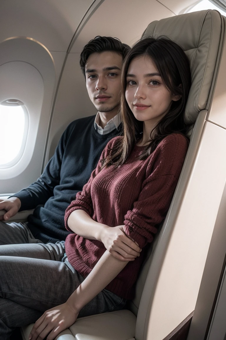 Machado de Assis at 27 years old, sitting in a comfortable armchair, inside a luxury plane. Next to him is a beautiful smiling young woman.