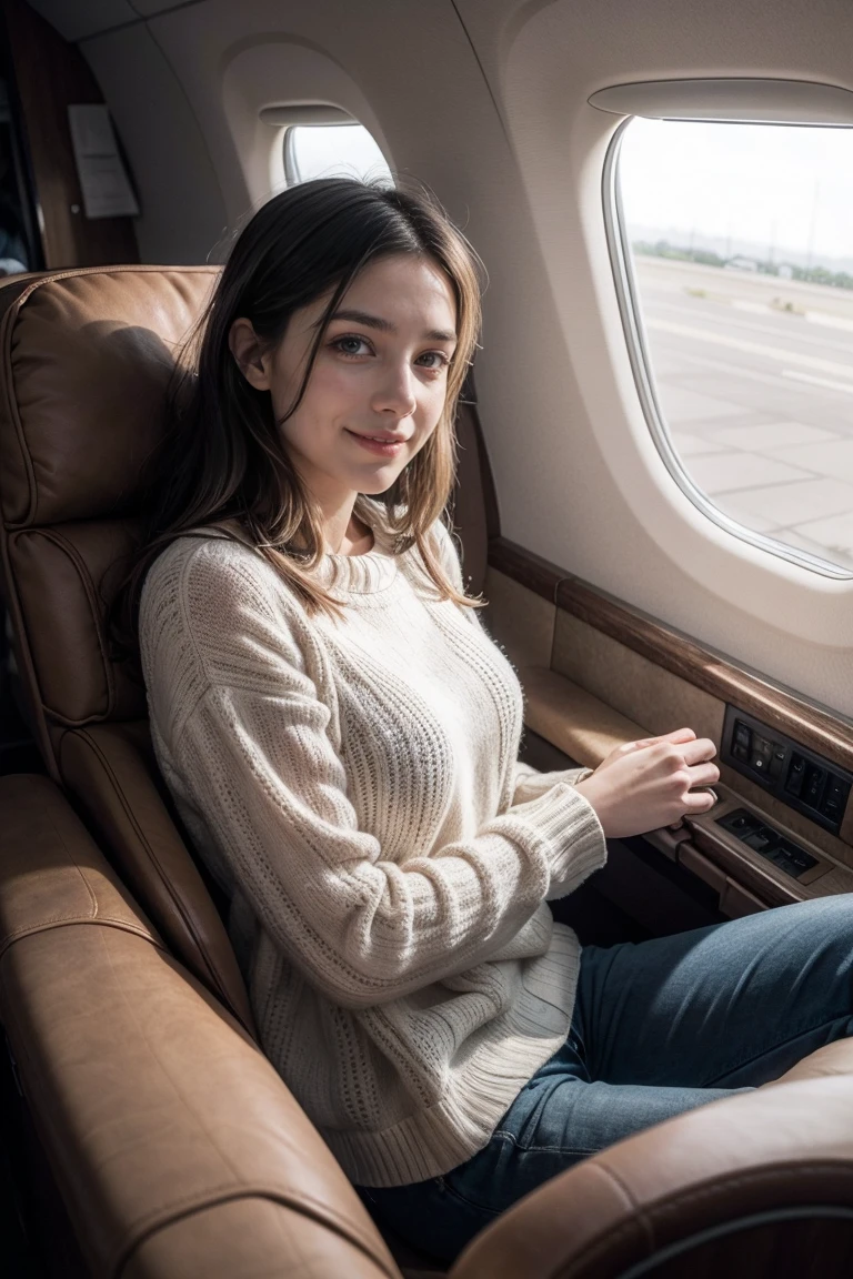 Machado de Assis at 27 years old, sitting in a comfortable armchair, inside a luxury plane. Next to him is a beautiful smiling young woman. 