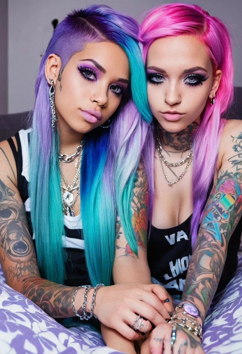 female couple; 2 females; one being; mixed light skinned , female, emo gothic style rainbowed hair,glam makeup done, her nails done, icy chain , slight tattoos, small hands; at home; wearing pjs; the other being a tan young baddie with baby blue eyes Long lilac straight hair with neon gradient holographic tips with tattoo and nose and lip piercings; wearing pjs; smokey makeup; cuddling; in bed