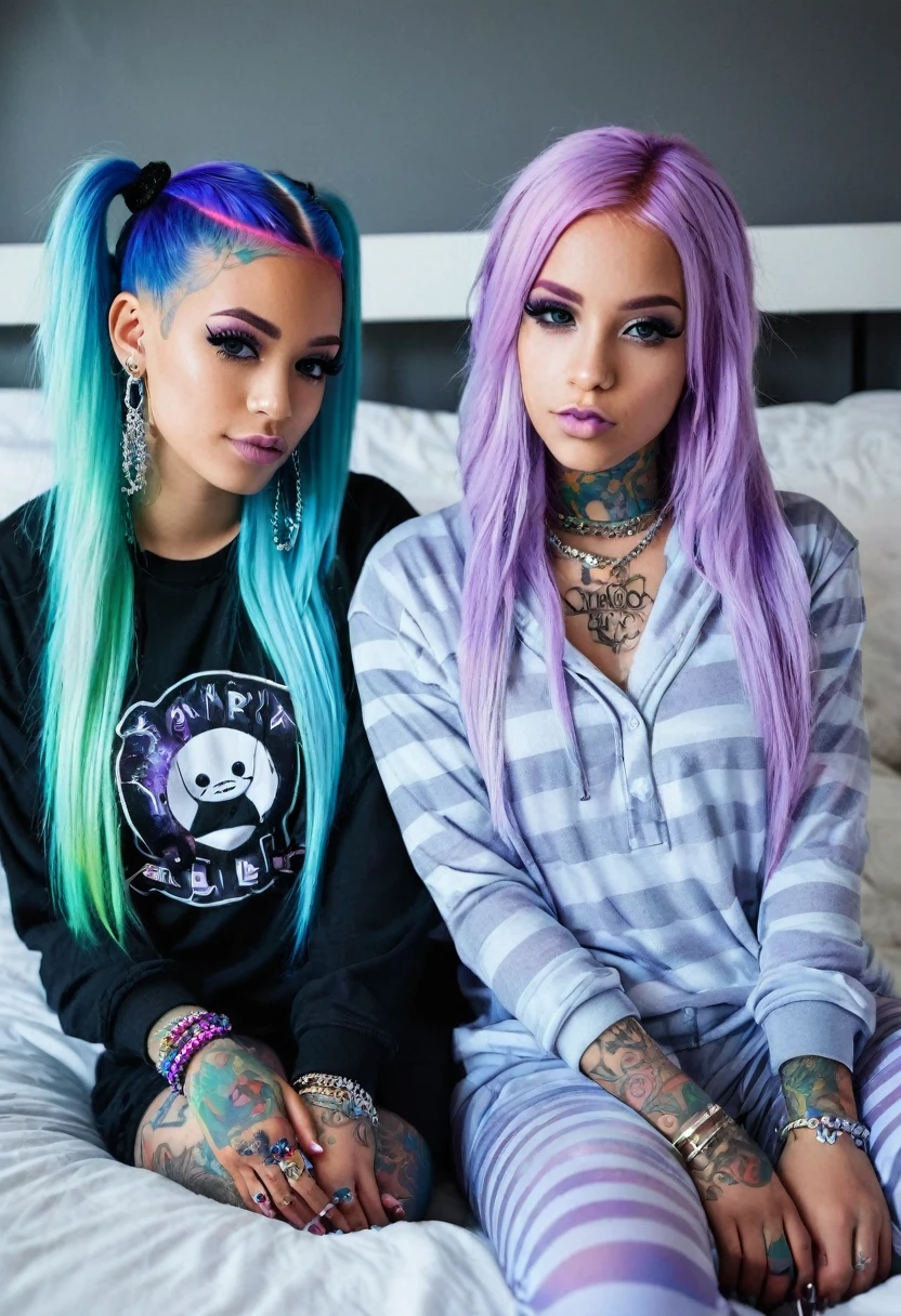 female couple; 2 females; one being; mixed light skinned , female, emo gothic style rainbowed hair,glam makeup done, her nails done, icy chain , slight tattoos, small hands; at home; wearing pjs; the other being a tan young baddie with baby blue eyes Long lilac straight hair with neon gradient holographic tips with tattoo and nose and lip piercings; wearing pjs; smokey makeup; cuddling; in bed