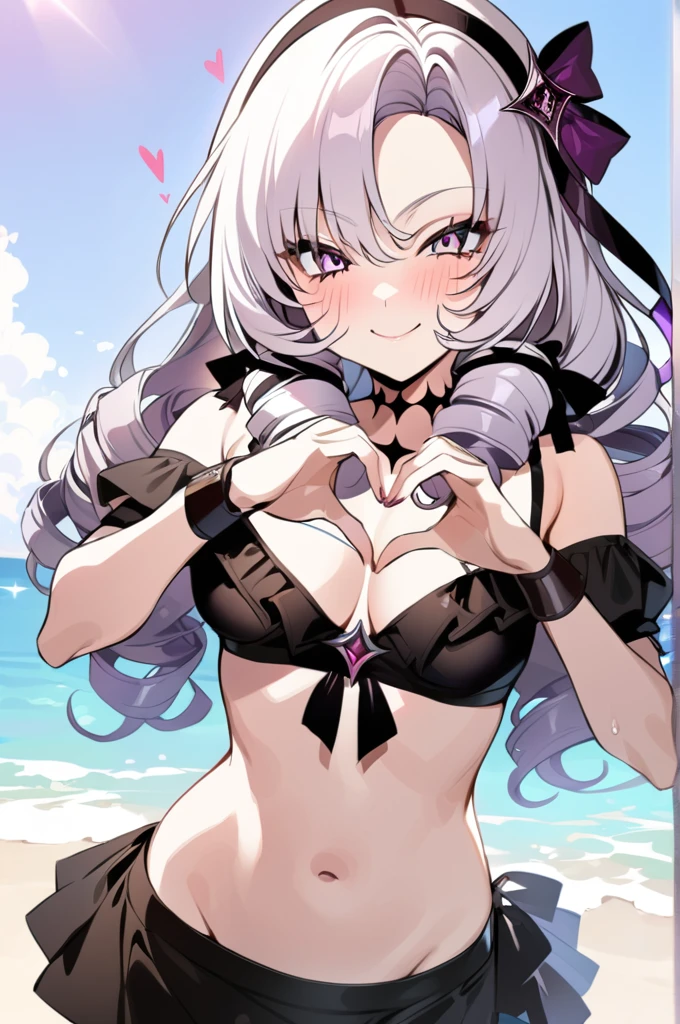 Masterpiece, best quality, nsfw ,1 girl,heart hands,beach,
Black bikini, cute pose,smile,gothic
Official style, nijisanji,hyakumantenbara Salome,