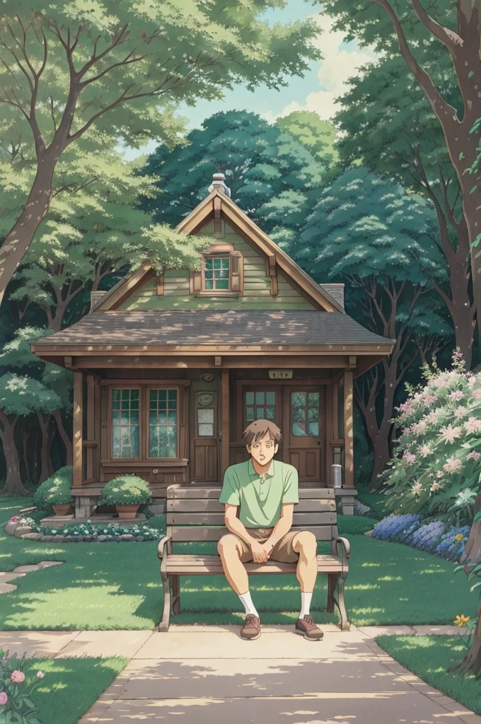 a painting of a man sitting on a bench in front of a house, studio ghibli artstyle, studio ghibli art style, ghibli artstyle, ghibli vibe, ghibli art style, studio ghibli painting, by Miyazaki, ghibli studio art, studio ghibli painterly style, studio ghibli sunlight, studio ghibli art, studio ghibli environment, art studio ghibli