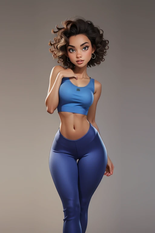 slim woman in a blue top and grey tight leggins posing for a picture, small breasts, slim thighs, skinny waist and hips, tight outfit, short curly hair, African American,